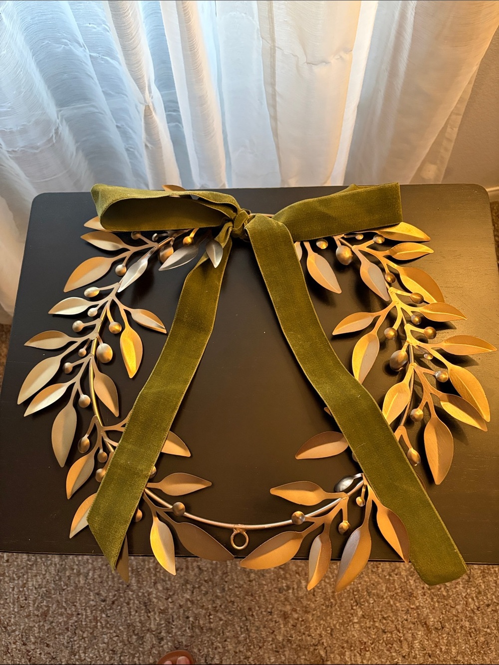 Olive Green Velvet Ribbon Metal Leaf Holiday Wreath Hearth and Home 2024